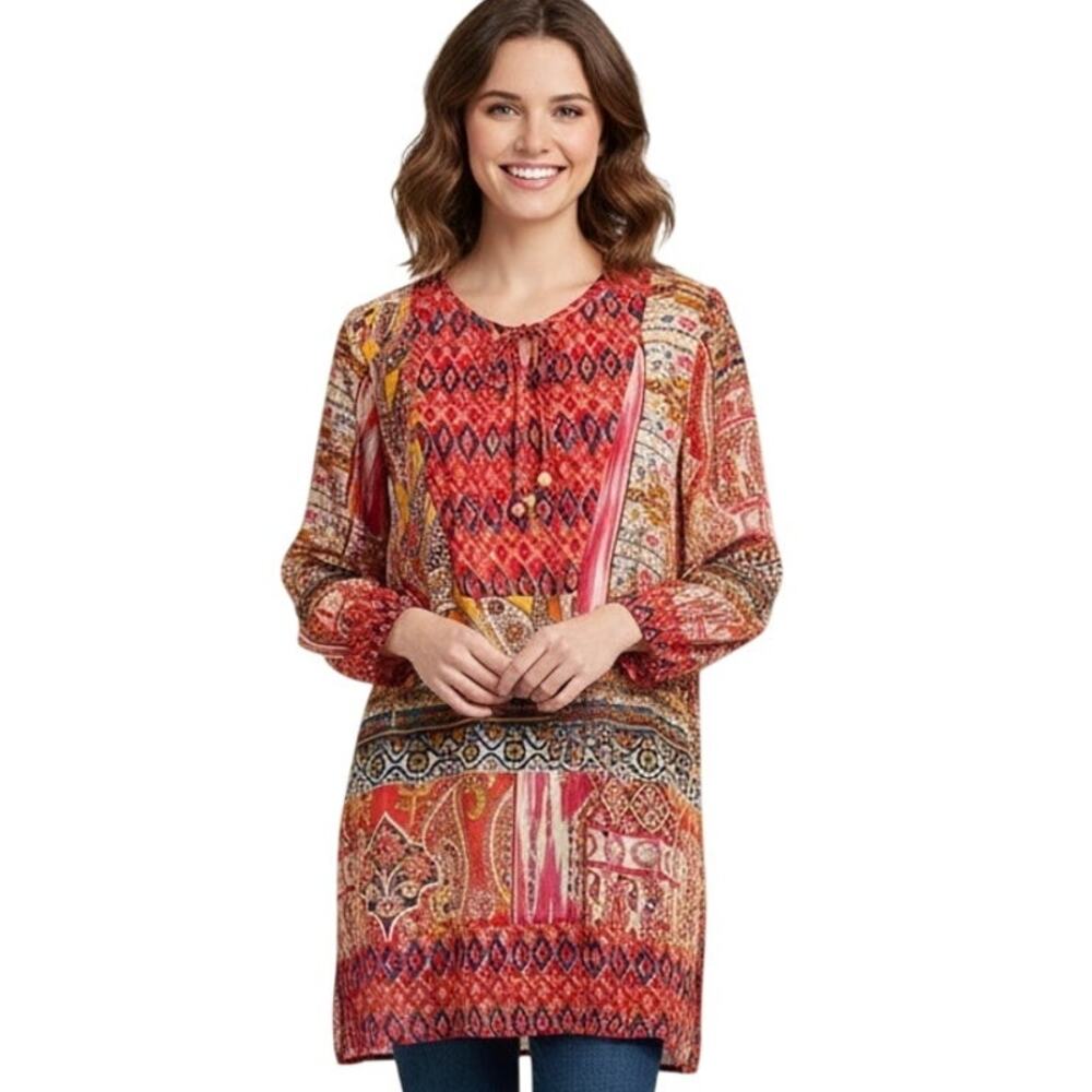 Olive Hill Mixed Tribal Aztec Print Top Womens Medium Red Multicolor Sheer Tunic